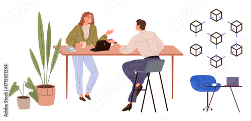 Two colleagues collaborate at a desk with laptops, coffee, and plants, discussing a blockchain network concept. Ideal for teamwork, technology, innovation, blockchain, office workspace simple flat