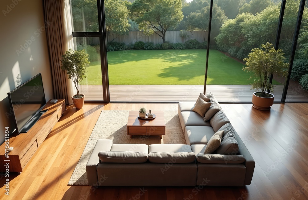 Fototapeta premium High angle view of a contemporary living room with wood floors. Large windows offer a garden view. Features a plush sectional sofa, coffee table, and TV console.