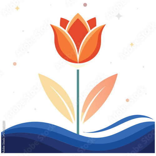 Vibrant orange tulip on a backdrop of stylized water