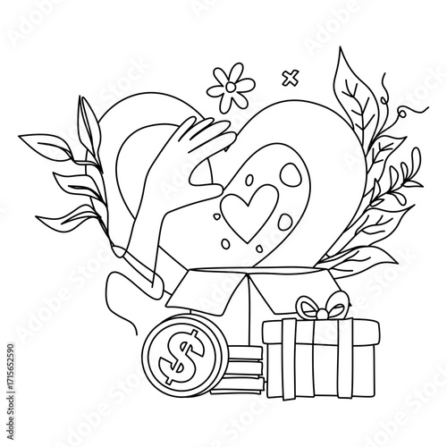 Line Art Illustration of Hands Protecting a Heart from a Gift Box