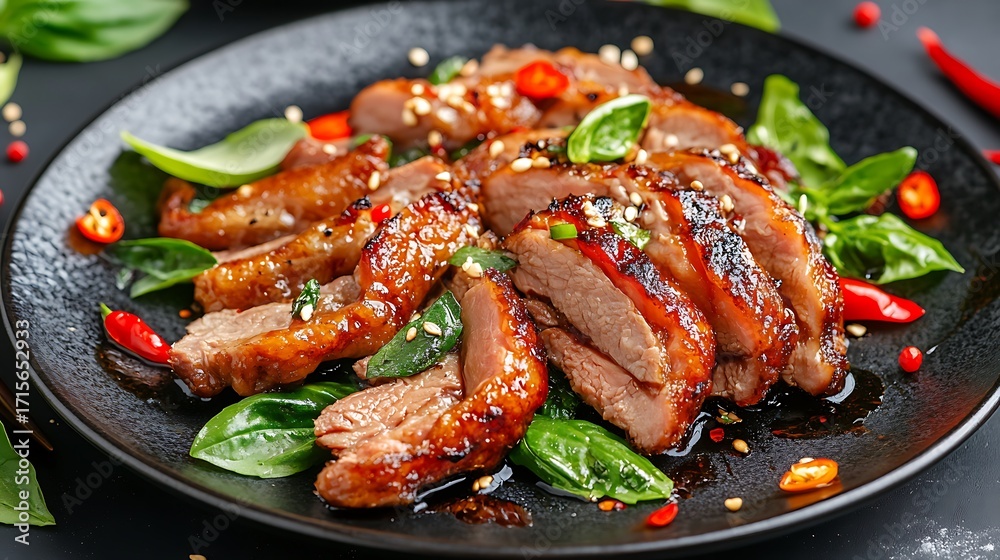 Fototapeta premium Crispy fried duck meat on a plate basil vegetables