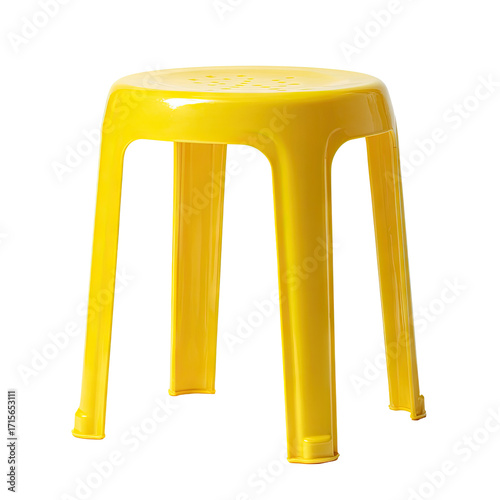 A bright yellow plastic stool with three legs