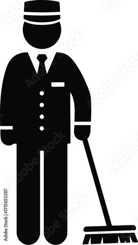 Bellhop uniformed staff member sweeping floor service hotel hospitality icon vector