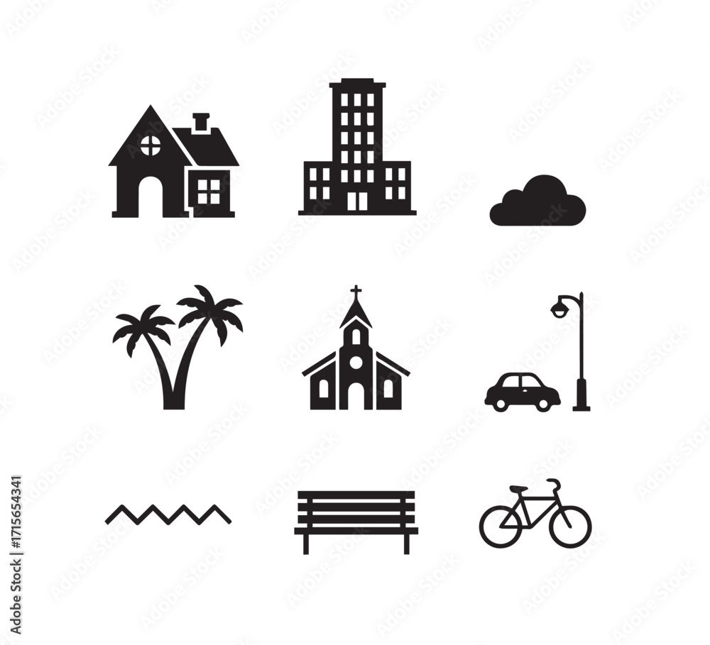 Fototapeta premium Vector icon set of house and city buildings, architecture illustrations with real estate design elements