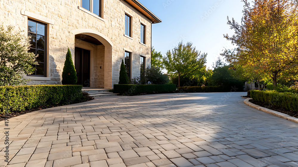Fototapeta premium Stone house with brick driveway and landscaped front yard, under a clear blue sky. Greenery contrasts with the building's facade and driveway.