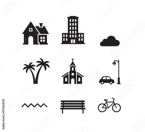 Vector icon set of house and city buildings, architecture illustrations with real estate design elements
