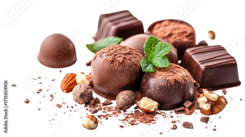  Different kinds of chocolates with nuts cocoa isolated on a white background