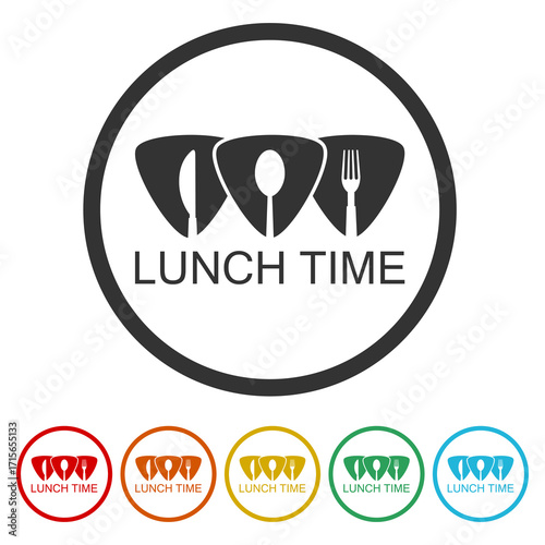 Lunch time with cutlery icon. Set icons in color circle buttons