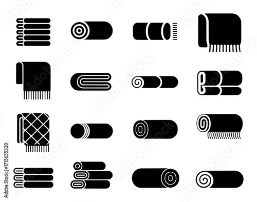 Collection of Black and White Icons Representing Folded and Rolled Towels and Blankets