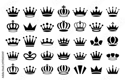 Collection of Black Crown Icons on a White Background