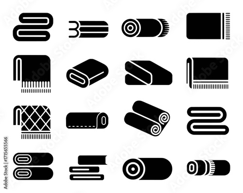 Collection of Black Icons Representing Folded and Rolled Towels and Blankets