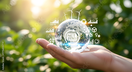 Sustainable future held in hand, net zero goals visualized with tech