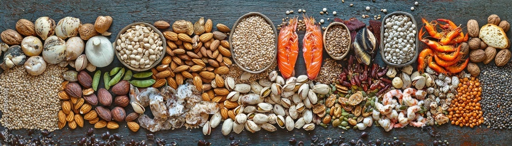 Obraz premium Variety of Seeds, Nuts, and Spices Spread Flat Lay