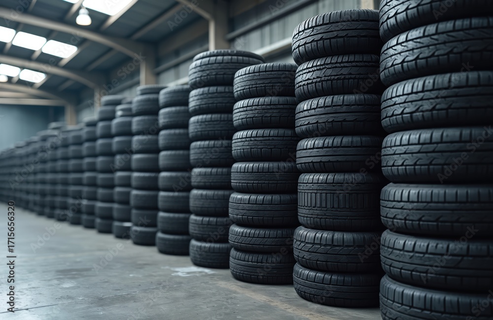 Obraz premium Stacks of used car tires fill warehouse storage facility. Black rubber tires arranged in orderly rows, columns, creating repetitive pattern. Industrial scene shows inventory for automotive industry,
