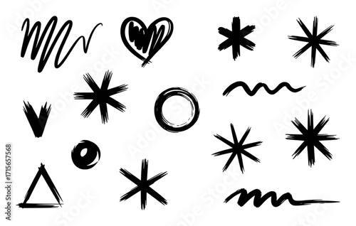 Collection of Hand-Drawn Black Symbols and Shapes on White Background