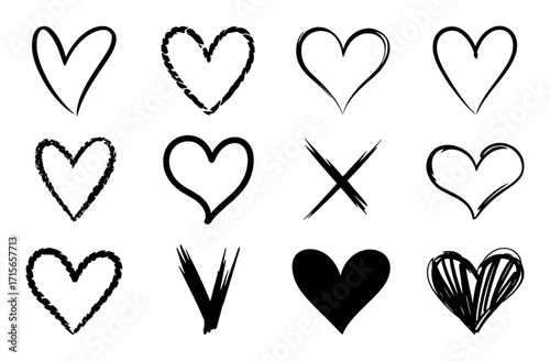 Collection of Hand-Drawn Hearts and Symbols in Black and White