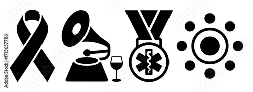 Collection of Icons: Ribbon, Gramophone, Wine Glass, Medical Medal, Sun Symbol