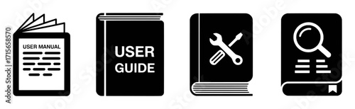 Collection of User Manual and Guide Icons: Open Book, Wrench, Magnifying Glass