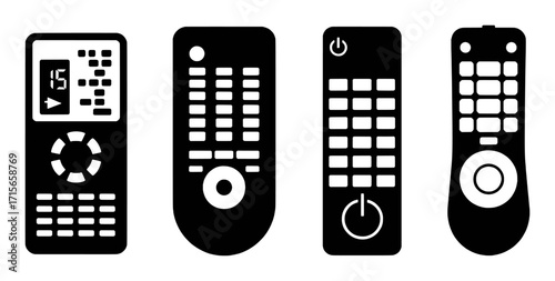 Four black and white icons of remote controls with various buttons and displays