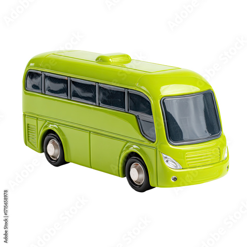 Lime-green toy bus, front view, simple design