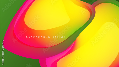 Abstract fluid shapes blend vibrant colors. Yellow, green, pink gradients create dynamic composition on black background. Modern design element.