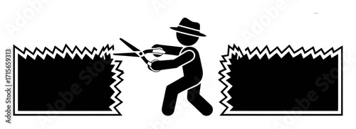 Stick figure in hat cutting a jagged black barrier with scissors