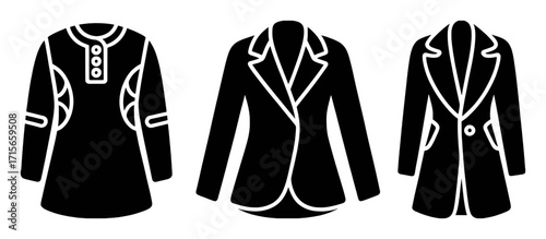 Three Black Silhouette Icons of Different Styles of Jackets and Coats
