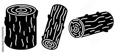 Three stylized black and white illustrations of logs with visible bark and rings