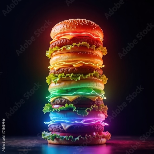 Fast food burger tower stacked sky-high with every layer glowing in a rainbow gradient lighting