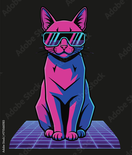 Retro Wave Cat Vector T-Shirt, Neon Synthwave Aesthetic Tee