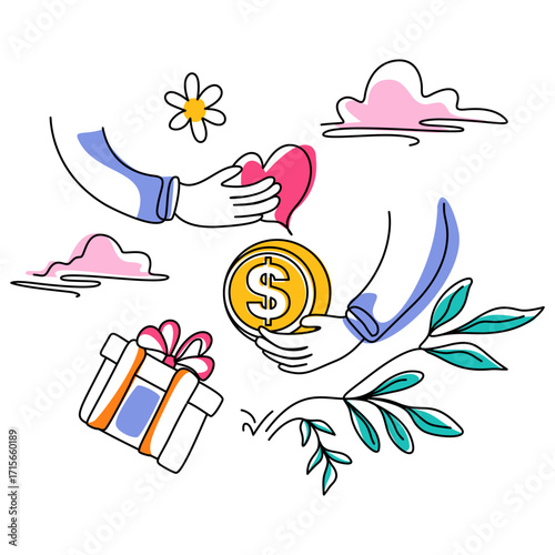 Charitable Donation: Hands Exchanging Heart and Gold Coin