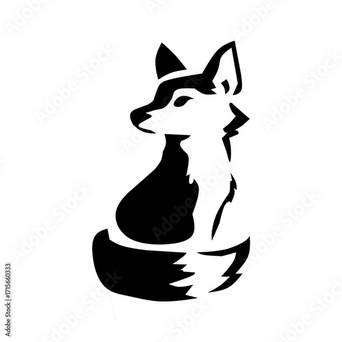 Black silhouette illustration of a fox sitting gracefully with upright ears and a bushy tail, symbolizing cleverness, mystery, and elegance.