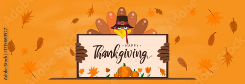 A turkey holding a sign with the inscription. Happy Thanksgiving to God for the harvest.