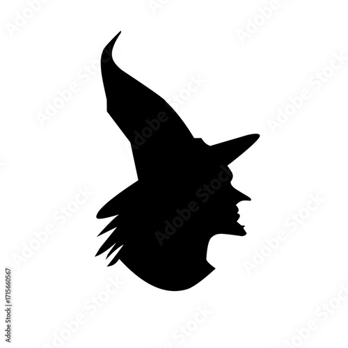 A classic black silhouette of a witch's head in profile, with a crooked nose, pointed chin, and a tall, conical hat, perfect for Halloween.