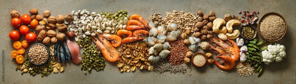 Naklejka premium Assorted Nuts, Seeds, and Seafood Variety Flat Lay