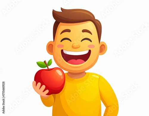 Happy Boy Holding a Red Apple Healthy Eating Illustration
