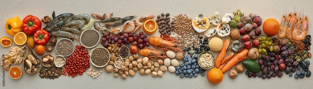Obraz premium Healthy Variety of Fresh Fruits, Vegetables, and Nuts