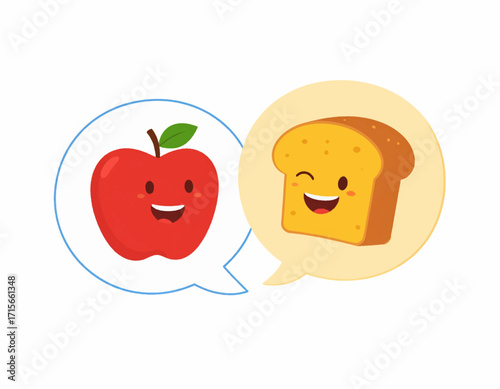 Happy cartoon apple and toast communicating in speech bubbles