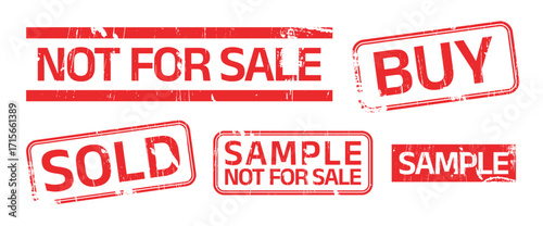 Set of red stamps on white background for discount or promotion. Sample Stamp, Not For Sale Sample Stamps, Stamp, Rubber, Red buy stamp, sold stamp. Ink Image