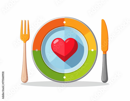 Conceptual illustration of a heart on a colorful dinner plate with a fork and knife, representing a heart-healthy diet, good nutrition, and a wellness lifestyle