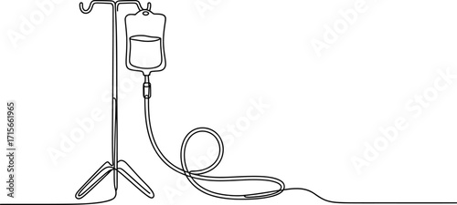Continuous line art depicts patient receiving iv infusion treatment with drip stand and bag for medical healthcare concepts vector