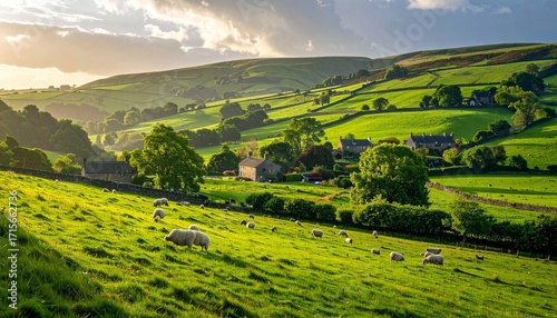 Picturesque sheep grazing rolling hills, pastoral English countryside meadows stone green cottages,