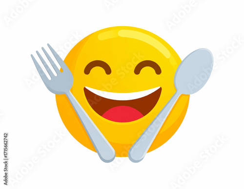 A cheerful yellow emoji holding a fork and spoon, signaling delight and anticipation for a meal or delicious food