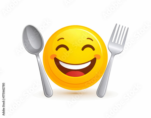 Joyful yellow smiley icon with a spoon and fork on a white background, symbolizing a happy mealtime, hunger, and the love of eating