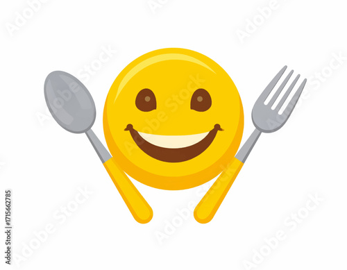 Bright yellow emoji character with a wide, happy smile, holding a spoon and a fork, perfectly symbolizing an appetite for good food, delightful culinary experiences, and the joy of dining