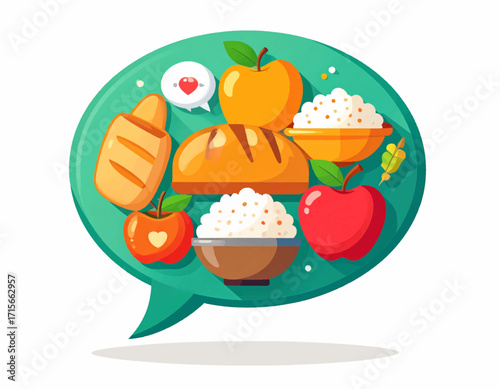 Delicious Food Chat Apples, Bread, and Rice in a Colorful Speech Bubble