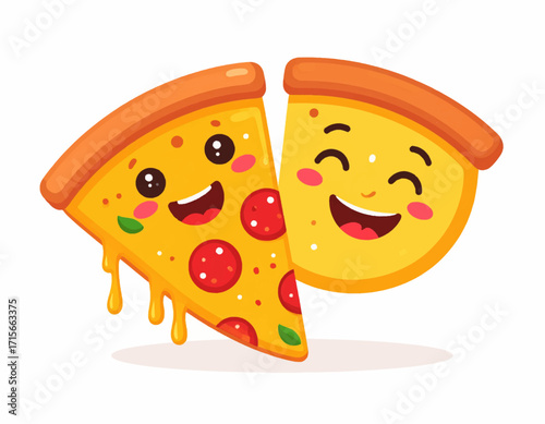Happy Pizza Slices Cartoon Characters Enjoying a Meal Together