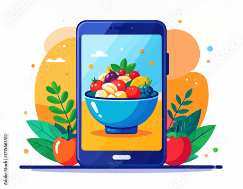 Healthy Eating App A Vibrant Display of Fresh Fruits and Vegetables on a Smartphone Screen