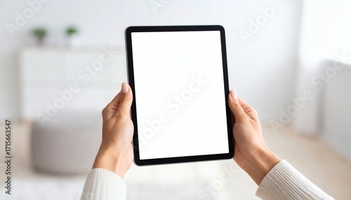 Woman's Hands Holding Tablet with Blank Screen in Modern Home
