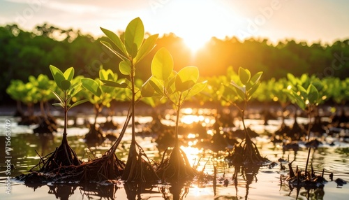 Young Mangrove Saplings at Sunrise: Coastal Ecosystem Growth